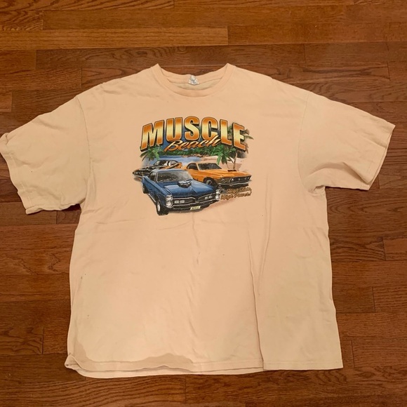 VINTAGE Y2K MUSCLE BEACH CAR SHIRT SUMMER GOLDS BEIGE SUMMER 2XL COLLEGE - Picture 1 of 6